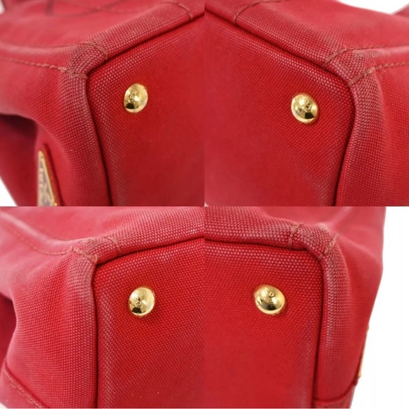 PRADA Logo Mini CANAPA 2Way Shoulder Bag Canvas leather Red Gold with COA - Picture 8 of 15